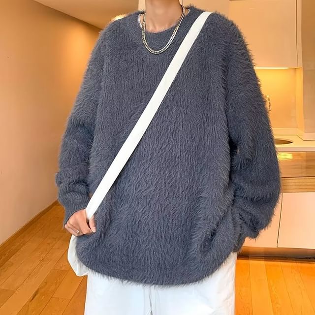 DuckleBeam-Crew Neck Plain Fluffy Sweater