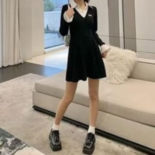 Everose-Long Sleeve Collared Mock Two Piece Mini A-Line Dress