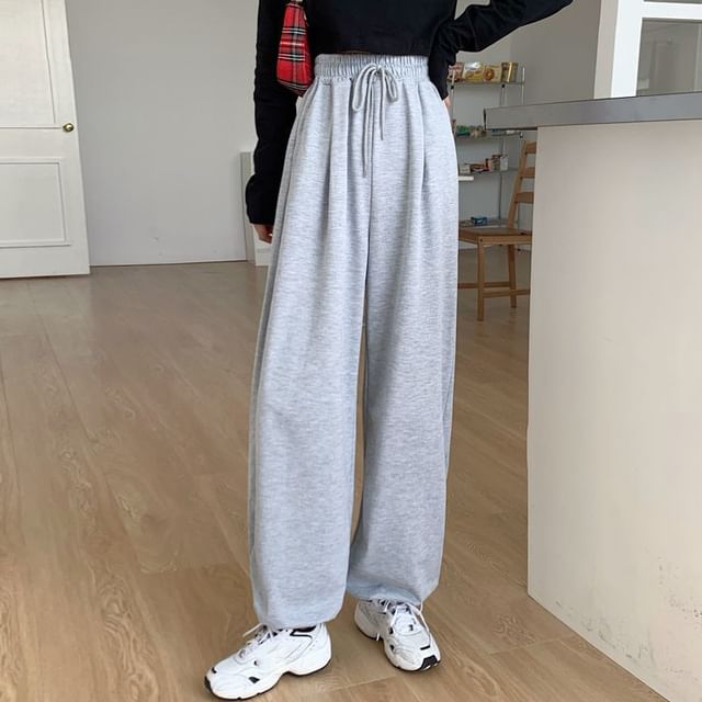 Sisyphi-Drawstring Waist Plain Wide Leg Sweatpants