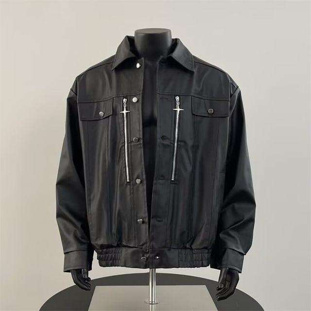 Ateso-Plain Faux Leather Single-Breasted Jacket