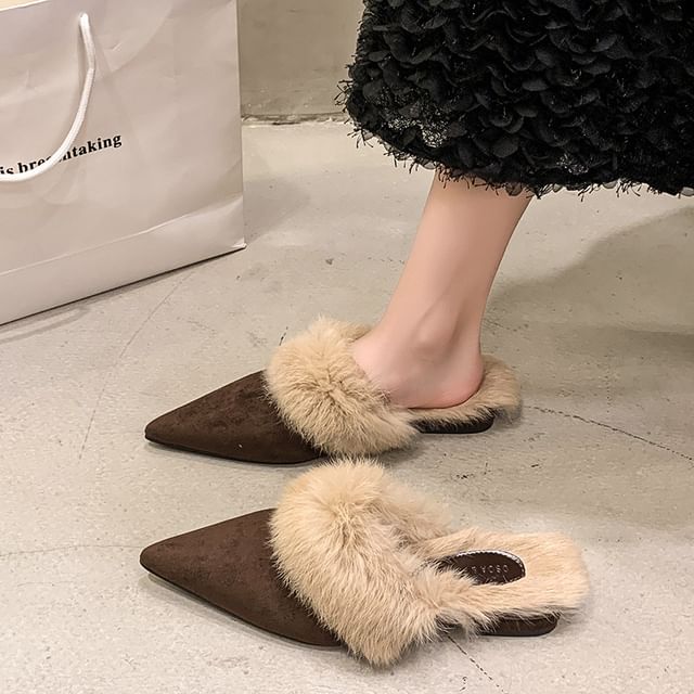 Asterisk-Low Heel Pointed Toe Fleece-Lined Mules