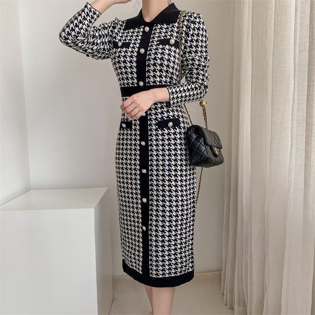 Aurora - Long-Sleeve Collar Houndstooth Knit Midi Sheath Dress | YesStyle Aurora - Long-Sleeve Collar Houndstooth Knit Midi Sheath Dress | YesStyle