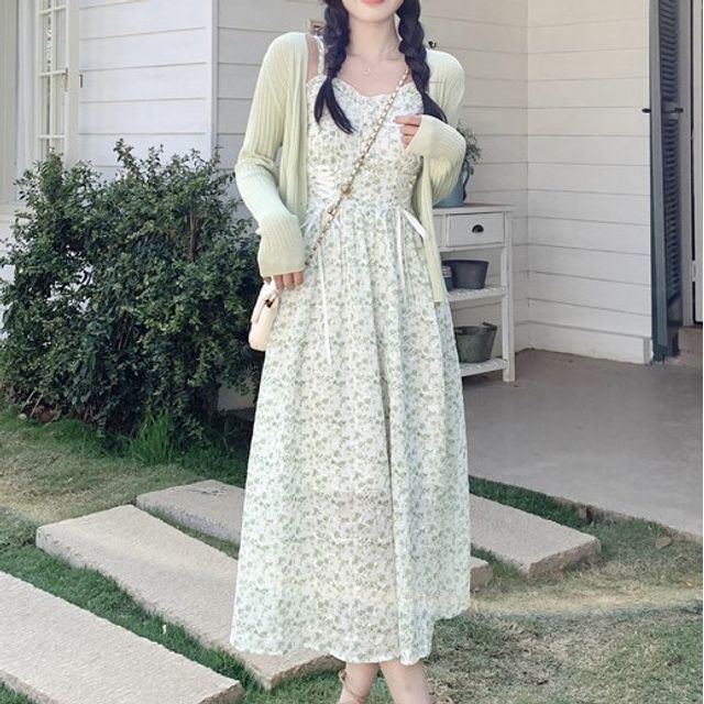 Shinsei - Spaghetti Strap Floral Print Lace-Up Midi A-Line Dress / V-Neck  Plain Ribbed Button-Up Cardigan | YesStyle