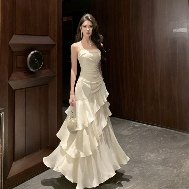 JIYON-Spaghetti Strap Plain Ruffle Trim Tiered A-Line Evening Gown