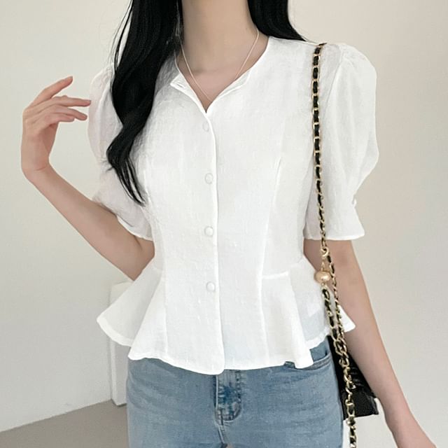 Bigfol-Puff-Sleeve Round Neck Plain Textured Button-Up Peplum Blouse
