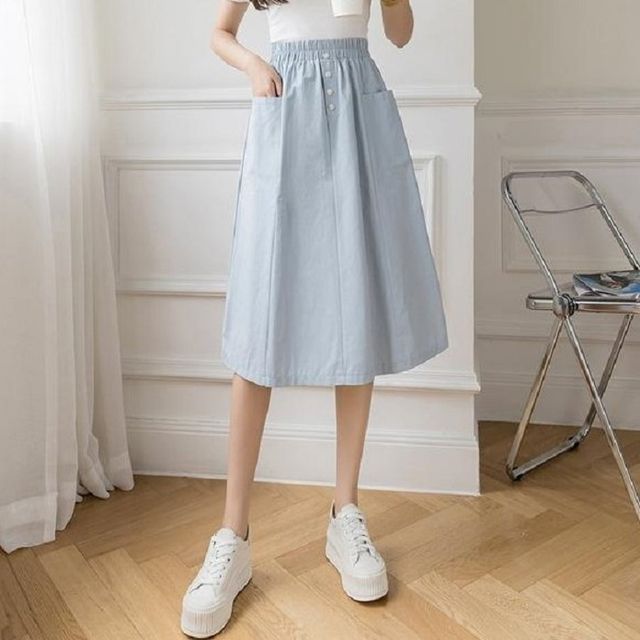 Cossita Elastic Waist Plain Button Pocket Midi A-Line Skirt