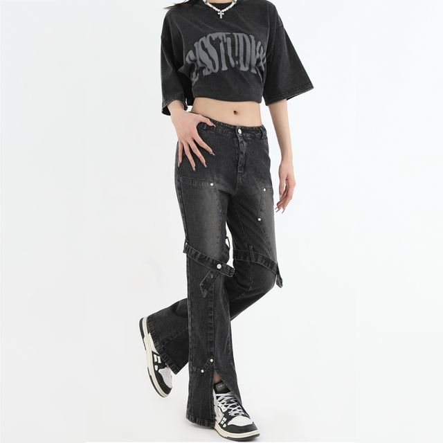 INStudio-High-Waist Split Straight Leg Jeans