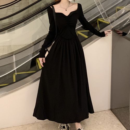 Flowerisque - Long-Sleeve V-Neck Plain Midi A-Line Dress | YesStyle Flowerisque - Long-Sleeve V-Neck Plain Midi A-Line Dress | YesStyle