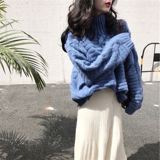 Antoinine Turtleneck Cable Knit Sweater A Line Skirt Set Yesstyle