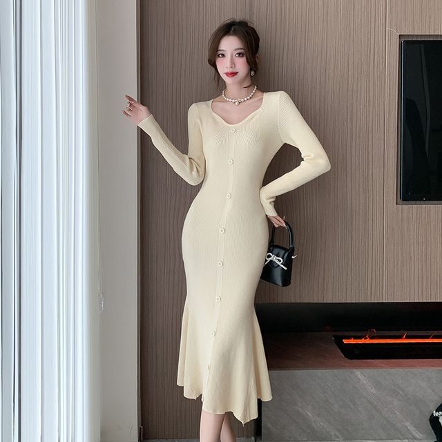 strapless open back dress Irene Long Sleeve Midi Dress - Coffee