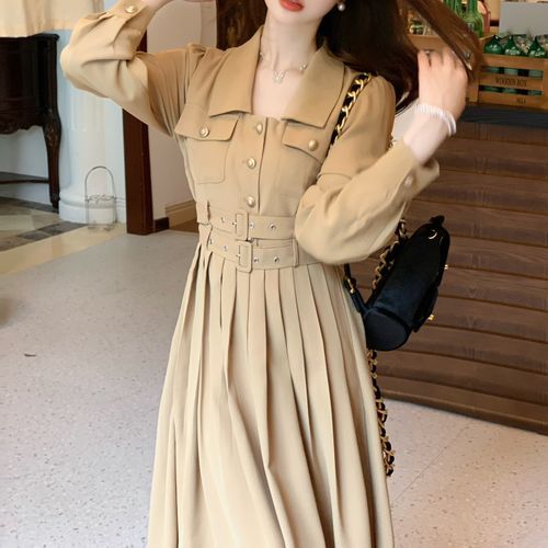 Women Fashion Pleated Trench Coat Dress Tie Front Waist A-Line