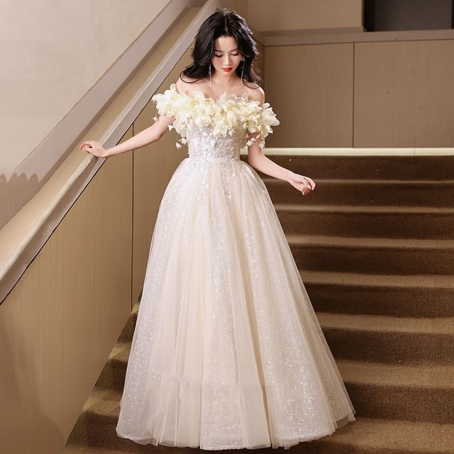 MSSBridal-Off-Shoulder Ruffled Sequined A-Line Evening Gown