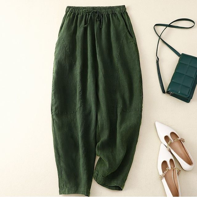 PANDAGO-Elastic Waist Plain Harem Pants