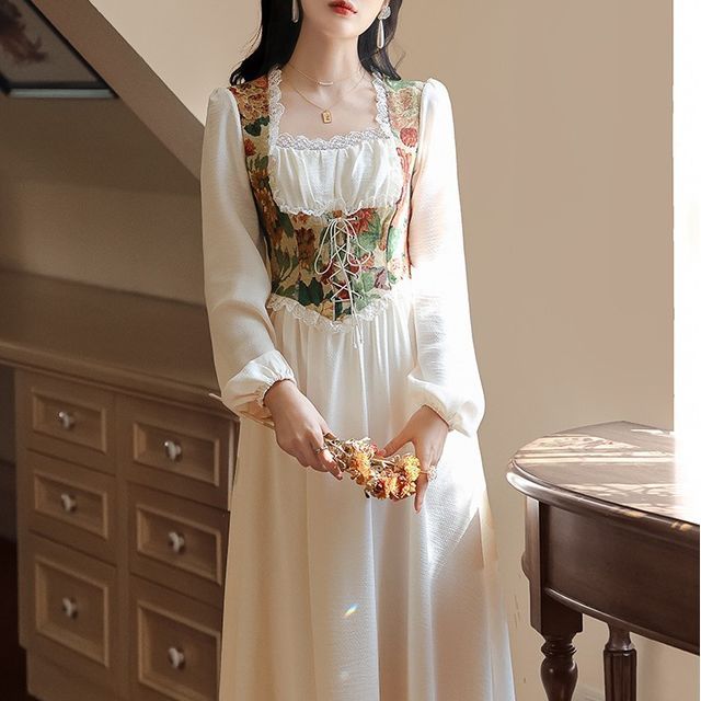 Cocaliso - Mock Two-Piece Puff-Sleeve Floral Lace-Up Midi Dress (Various Designs) | YesStyle Cocaliso - Mock Two-Piece Puff-Sleeve Floral Lace-Up Midi Dress (Various Designs) | YesStyle