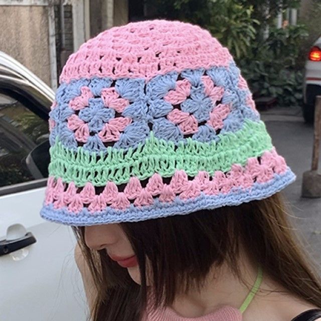 Pompabee Patterned Crochet Knit Bucket Hat YesStyle