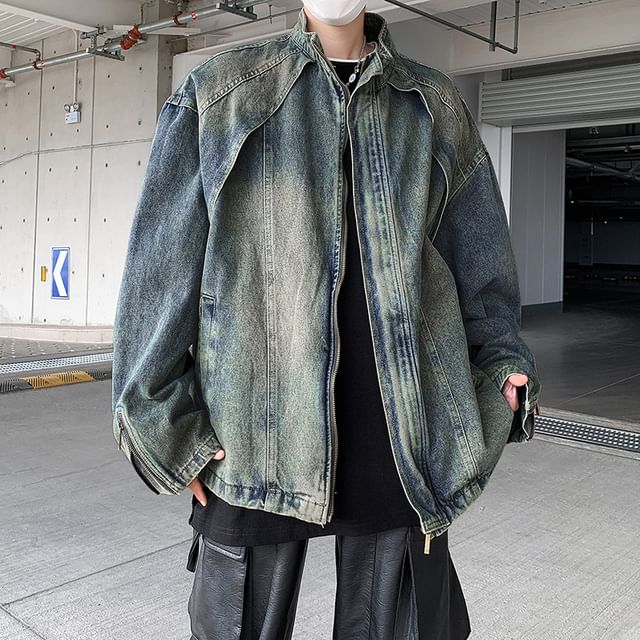 Plummie-Stand Collar Washed Panel Zip Denim Jacket