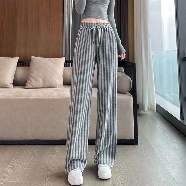 Everose-Drawstring Waist Striped Wide Leg Pants