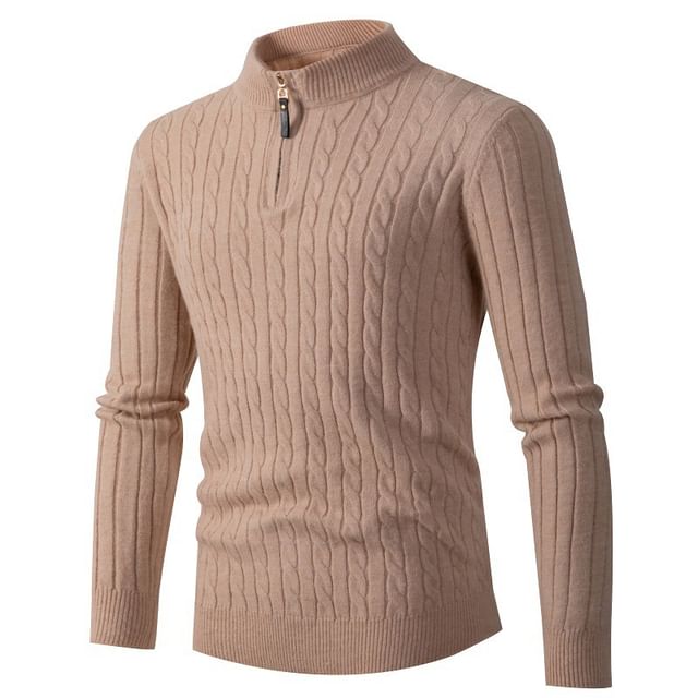 YIKES-Stand Collar Half Zip Plain Cable Knit Sweater