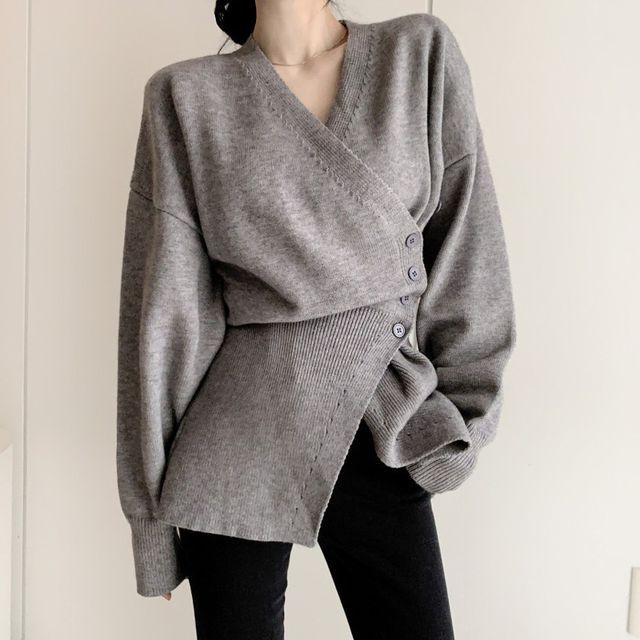MIKIGA-Long-Sleeve V-Neck Asymmetrical Plain Sweater
