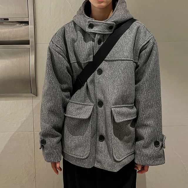 Okwano-Plain Hooded Pocket Detail Single-Breasted Coat