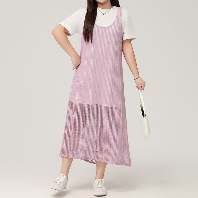 Telipino-Plus Size Plain Perforated Midi Dungaree Dress