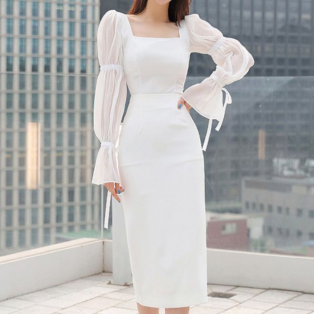 knee length dresses for ladies TAVROVSKA Navy angel sleeve midi pencil dress, Ideal for Office main image 1