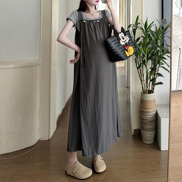 Rosy Street-Maternity Plain Overall Midi Dress