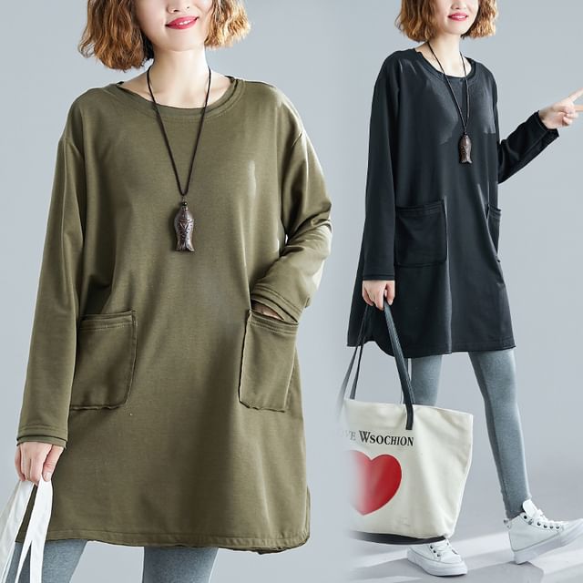 Lewwe-Long-Sleeve Crew Neck Plain Tunic