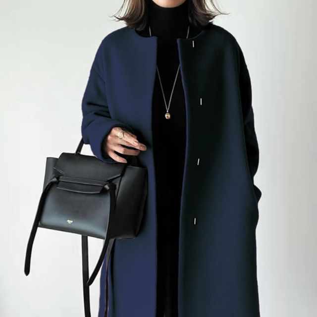 Supernova-Crew Neck Button-Up Plain Long Coat