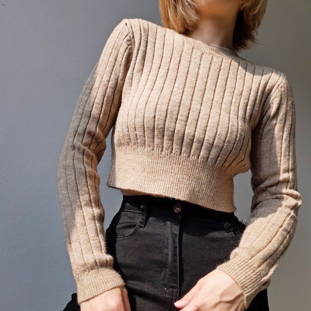 Shinsei-Crewneck Plain Ribbed Cropped Sweater