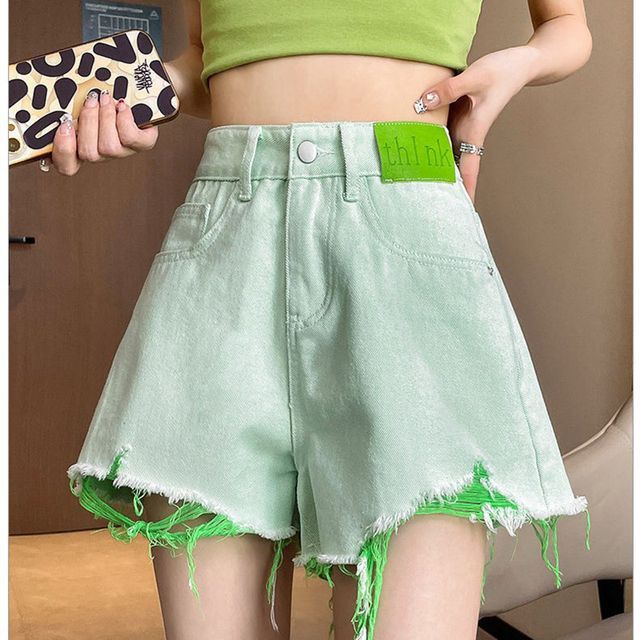 Everose-High Waist Washed Distressed Denim Shorts