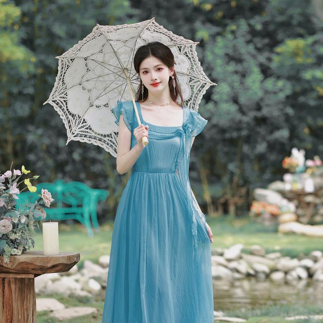 Nebbia - Cap-Sleeve Square Neck Plain Midi A-Line Dress | YesStyle
