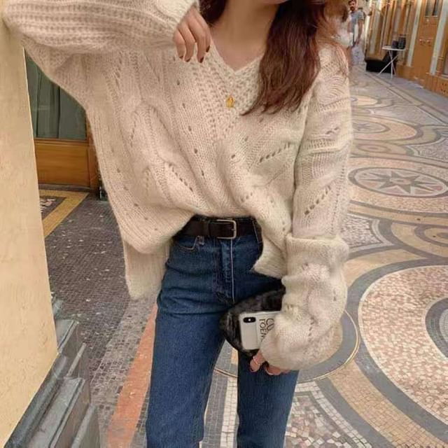MIKIGA-Long Sleeve V-Neck Eyelet Knit Sweater