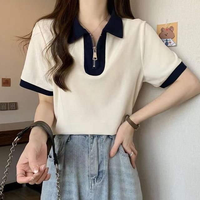 Sisyphi-Short-Sleeve Half Zip Two Tone Crop Top