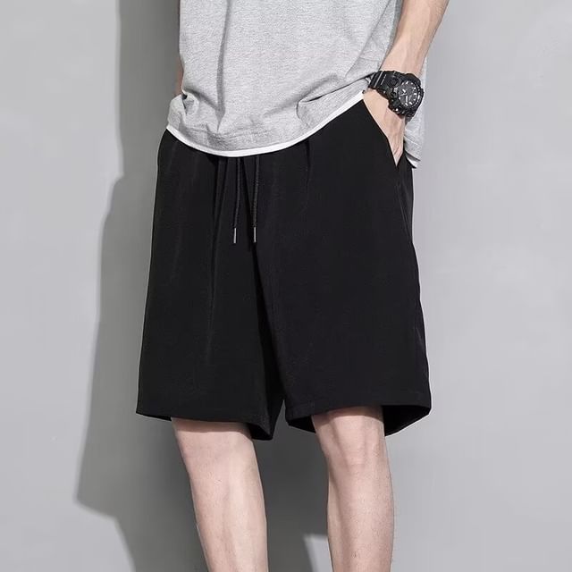 Blueforce-Drawstring Waist Plain Wide Leg Shorts