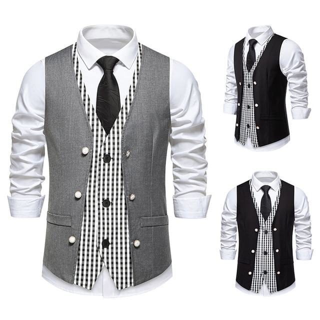 Sheck-V-Neck Mock Two-Piece Gingham Panel Single-Breasted Vest