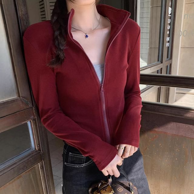 Asiris-Stand Collar Plain Slim Fit Zip-Up Jacket