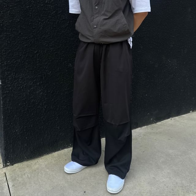 Okwano-Drawstring Waist Plain Wide Leg Cargo Pants