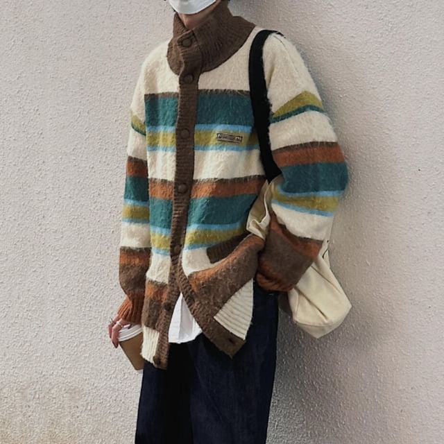 ROOSE-Stand Collar Striped Cardigan