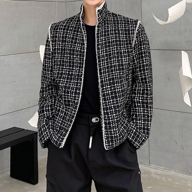 Bjorn Stand Collar Faux Pearl Trim Gingham Tweed Jacket YesStyle
