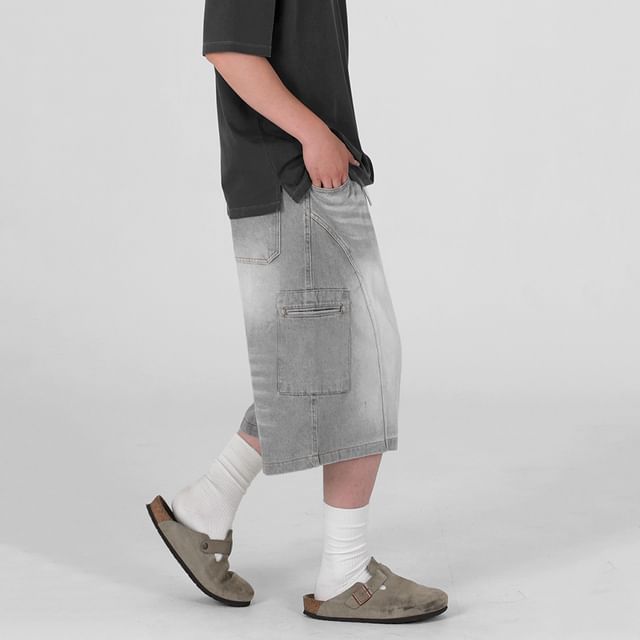 MRCYC-Drawstring Waist Washed Wide Leg Cargo Jorts