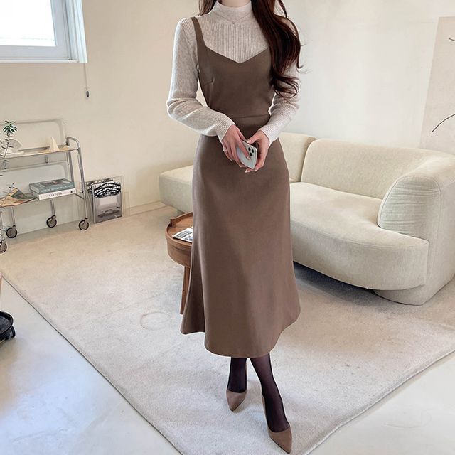 korean style pinafore dress Nebbia - Long-Sleeve Mock-Neck Knit Top / Midi A-Line Pinafore Dress