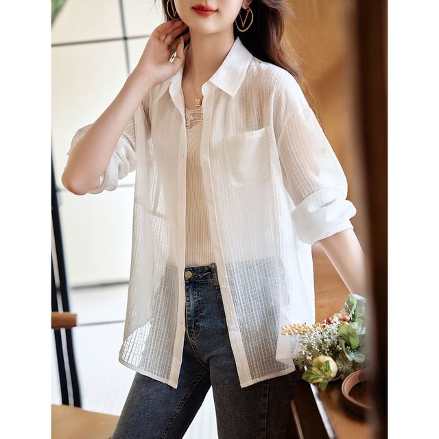 INEN-Long-Sleeve Sheer Plain Shirt