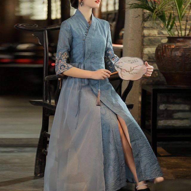 fitted lace wedding dress Chinese Collar Fit & Flare Maxi Dress (Grey Blue Stripes) XS main image 0