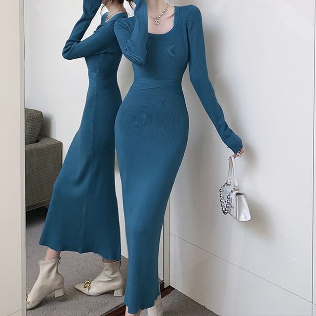 Yilda - Long Sleeve Square Neck Plain Criss Cross Ribbed Knit Midi Sheath Dress | YesStyle Yilda - Long Sleeve Square Neck Plain Criss Cross Ribbed Knit Midi Sheath Dress | YesStyle