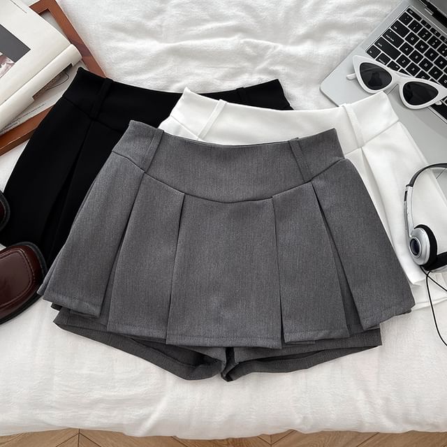 DIYI-High Waist Plain Pleated Mini A-Line Skort