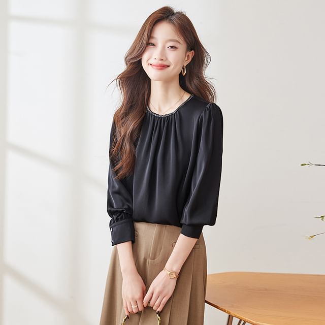 Skyheart-Long Sleeve Round Neck Plain Ruched Blouse