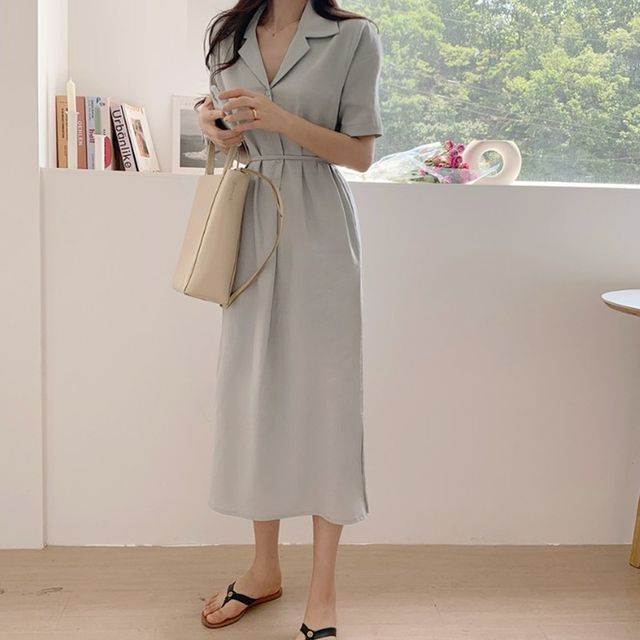 chinese dress ladies Wholesale MOQ6 Printed Button Front Tie-Waist Sleeveless Collared Dress