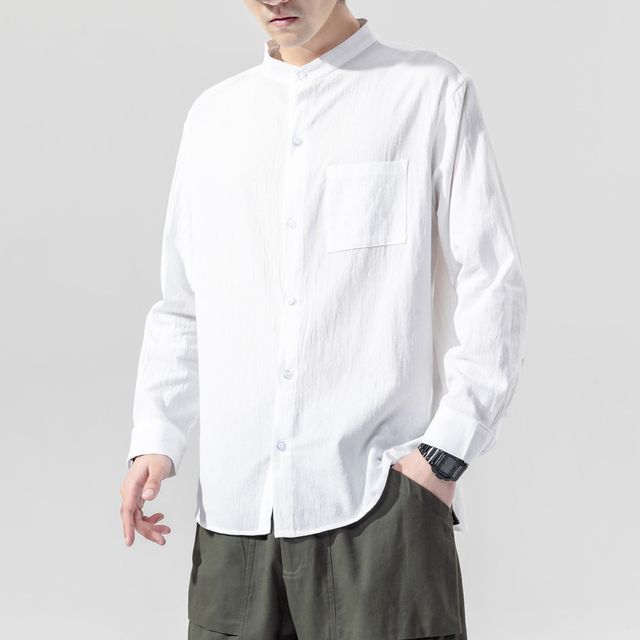 Ninine-Long-Sleeve Stand Collar Plain Shirt