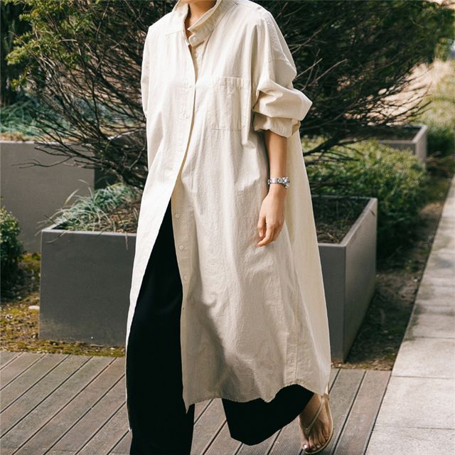 Felixia Long-Sleeve Plain Maxi Shirt Dress YesStyle